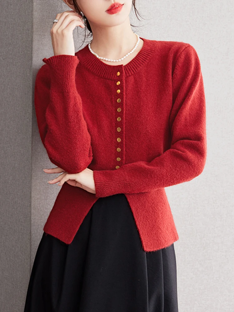 

Женский вязаный свитер, свободный Однотонный свитер в Корейском стиле с круглым вырезом, элегантный шикарный топ, Осень-зима 2024