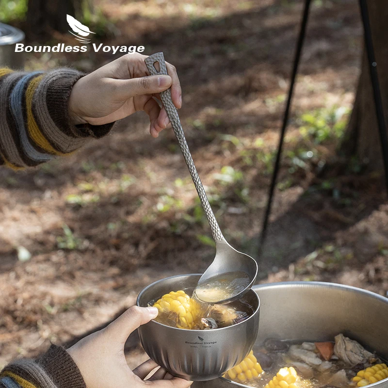 Boundless Voyage Long Handle Titanium Soup Ladle Metal Serving Skimmer Slotted Spoon For Cooking Gravy Sauces Hot Pot_voghion.com