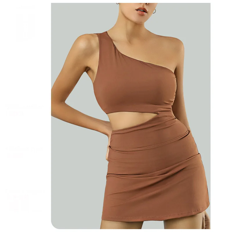 Women Dress Sports Clothing Tennis Dress Shorts Chest Pads Sexy One Shoulder Straps Stretchy Golf Badminton Skorts Yoga Suits