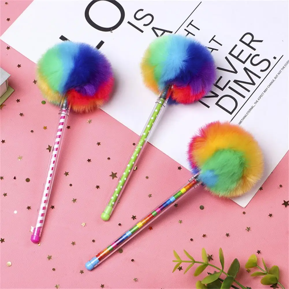 

Creative Pen Lightweight Comfortable Grip Stationary Rainbow Color Fur Plush Ball Shape Ink Pen