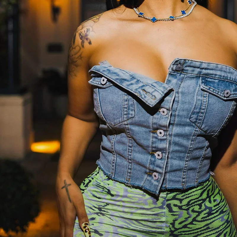 

Blue Denim Corset Top Women Single Breasted Sexy Pockets Tube Tops Stretch Summer Y2K Female Strapless Denim Crop Top Streetwear