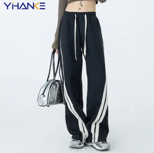 American Retro Design Striped Drawstring Lace Up Sports Jeans Niche High Street Straight Wide Leg Sports Casual Trousers Ladies summer retro gothic denim patch shorts ladies trend high street harajuku high waist wide leg pants loose hot girl style