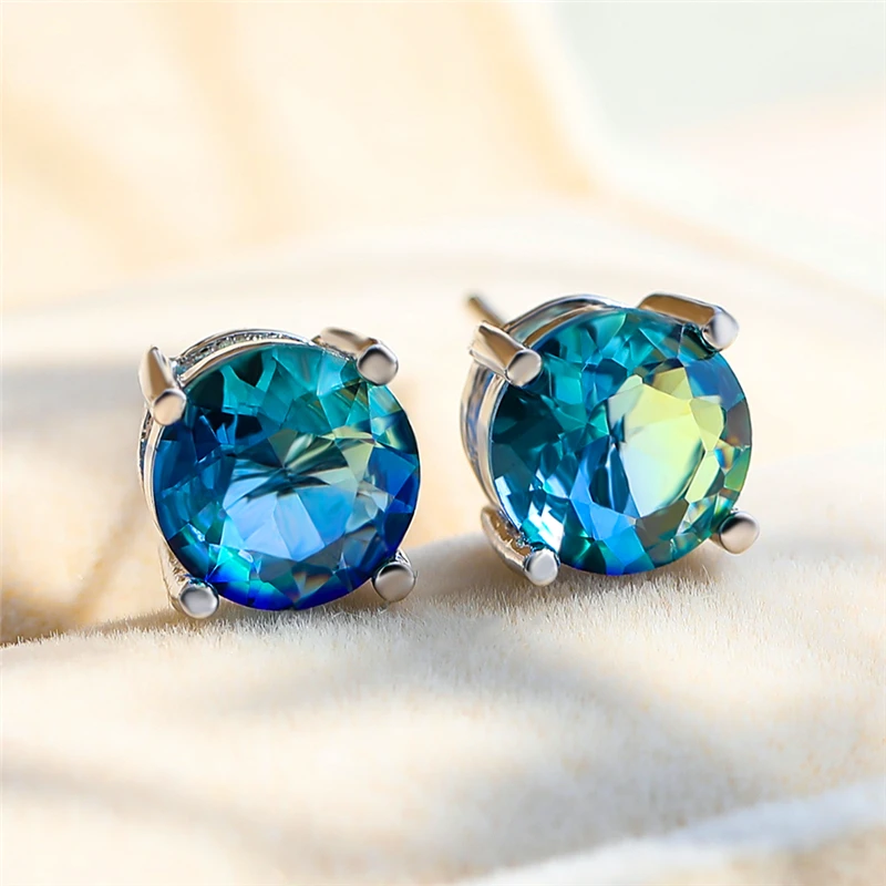 Charm Female Crystal Blue Green Zircon Stone Round Stud Earrings Vintage Silver Color Wedding Fashion Jewelry For Women