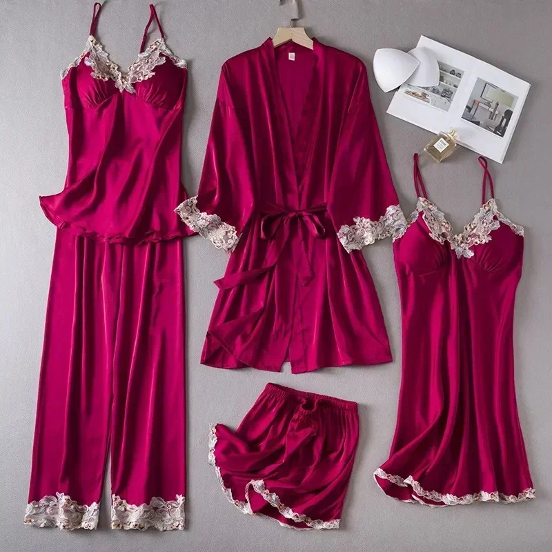 

Bathrobe Clothes Satin Suit Summer Lace Women Casual Robe Gown Pajamas Home Sleepwear Spring Set Sexy Loungewear
