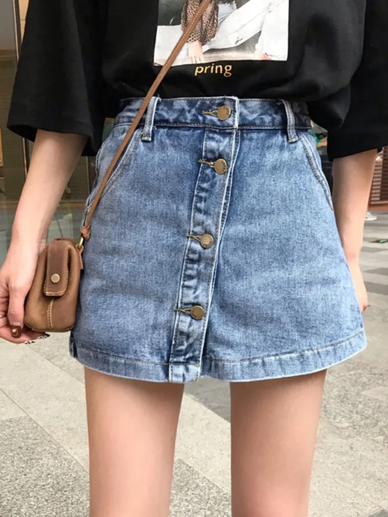 Female Summer Sexy Casual A-line Skirts Women Fashion High Waist Quality Single Breasted Slim Denim Skirts All-match Streetwear