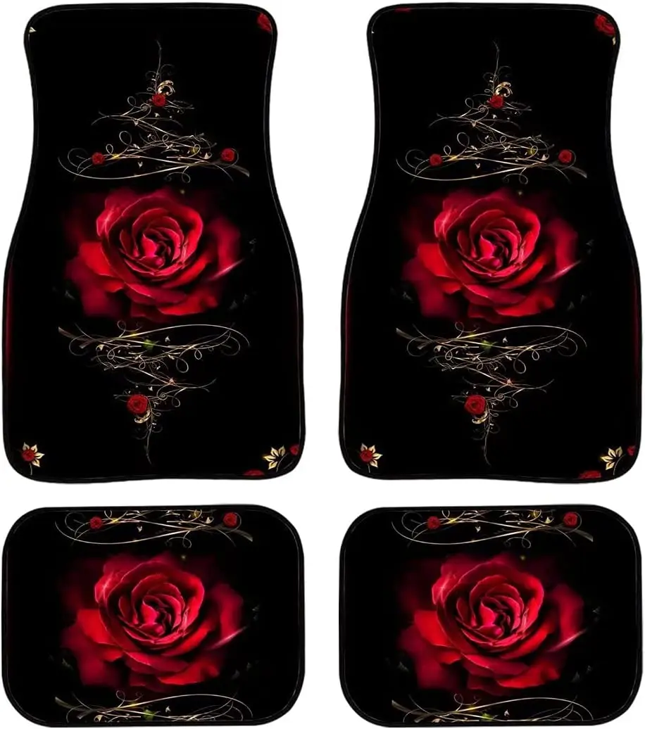 

4 Pieces Car Floor Mats for Women,Red Rose Flower Printed Car Accessories Rubber Floor Mat Carpet All Weather Protection for Car
