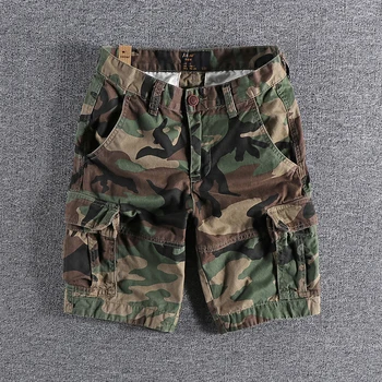 2025 Summer New American Retro Woven Camouflage Cargo Shorts Men's 100% Cotton Washed Multi-Pocket Casual Straight 5-point Pants