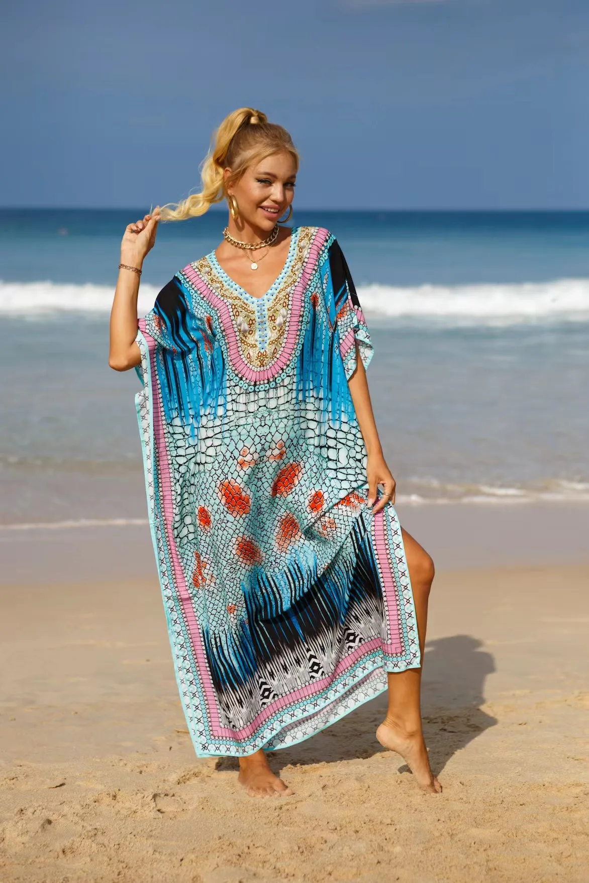 10 Color Beach Kaftan Long Dress for Woman Summer Bathing Suit Cover Up Green National Dresses Split Outfits Bikini Coverup 2024