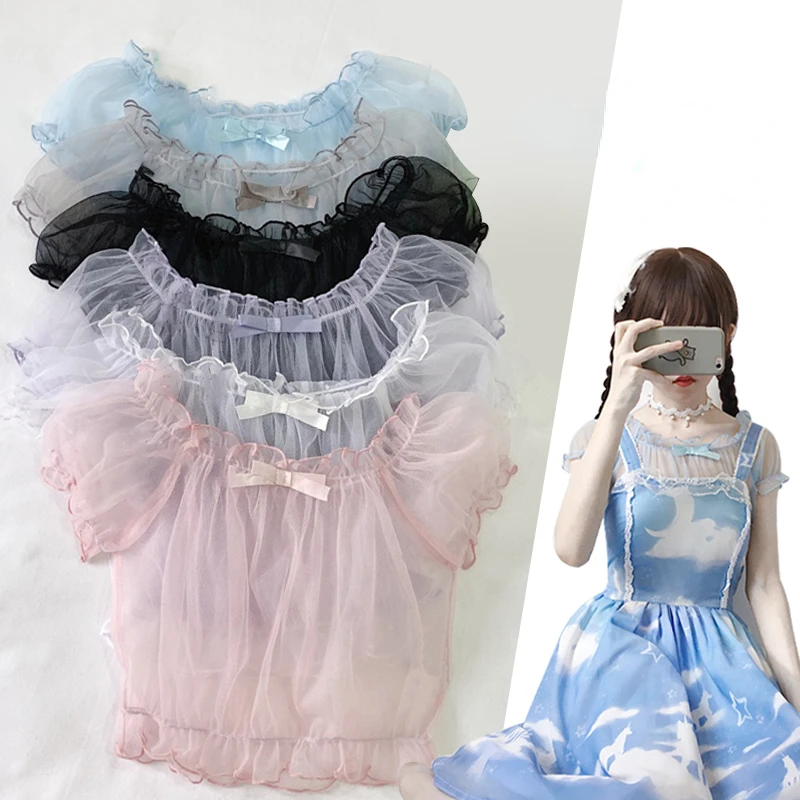 Summer Mesh Short Sleeve Lolita Tops Women Sweet Transparent Kawaii Princess Bow Shirt Mori Girl Fairy Sheer Thin Bottom Blouse lolita blouses