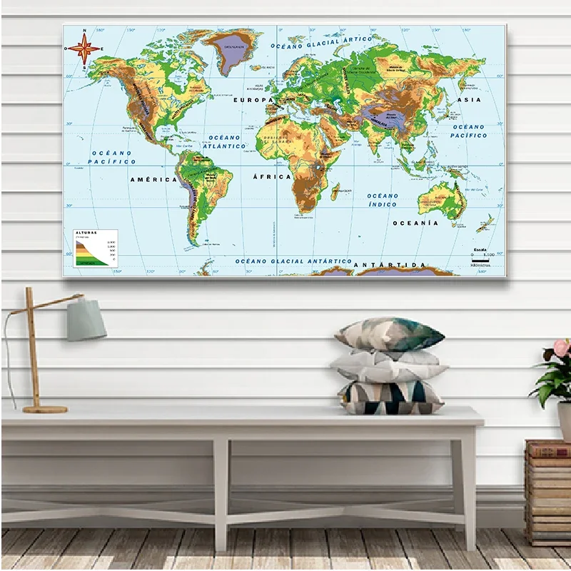 150*100cm In Spanish The World Orographic and Elevation Map Non-woven Canvas Painting Wall Art Poster Home Office Decoration