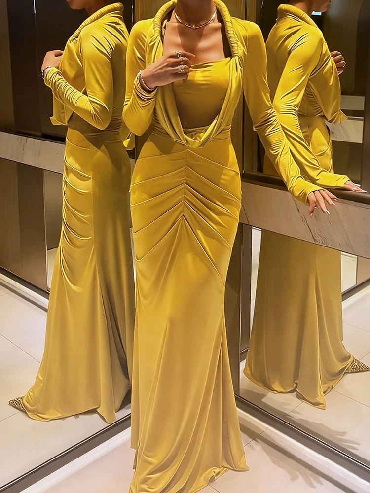 Nibber Hipster Swing Collar Long Dress Woman Full Sleeve Prom Party Casual Elegant Skinny High Stretch Midnight Ruched Vestidos