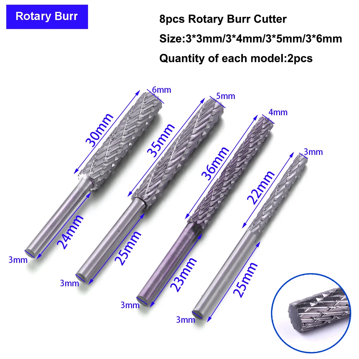 HUHAO 1/8 Shank Rotary Tool Grinding Accessories metal Polishing dremel  bits Burr Electric 3x6 Tungsten