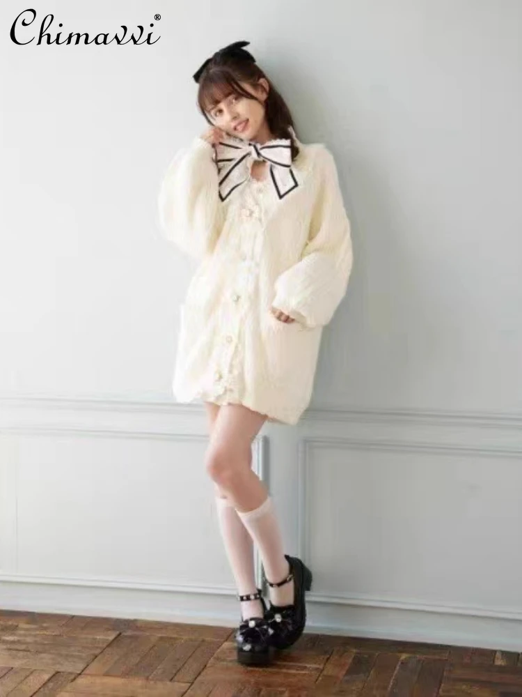

Sweet Cute Fashion Japanese Style Long Sleeve Women's Sweater Autumn Winter Bow Pearl Diamond Single-Breasted Cardigan Sweater