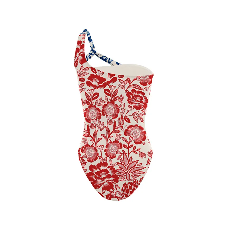 Color Contrast Bikini One-Shoulder Fashion One-Piece Swimsuit Swimwear Women's Printed Hollow Halter Neck Floral Print