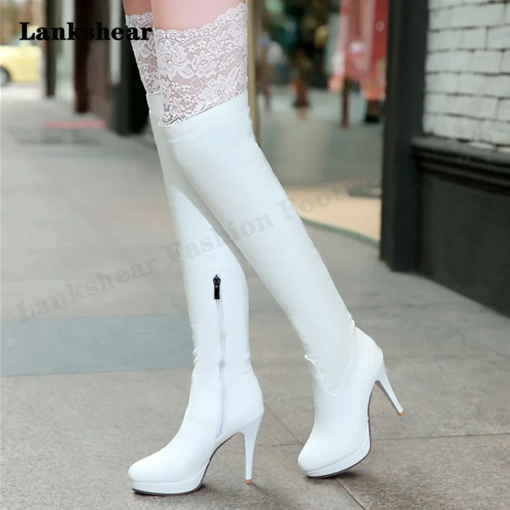 Autumn and Winter Lace Side Zipper Women's Boots Pointed Toe High-Heeled Knight Boots Skinny Leg Elastic Over-The-Knee Boots