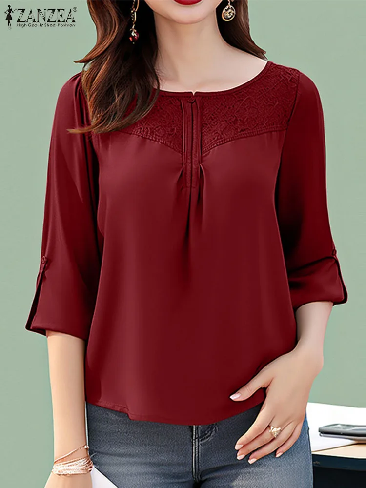 

Летняя женская элегантная Рабочая блузка ZANZEA с рукавом 3/4, кружевная вязаная рубашка, богемные стильные Лоскутные Топы, туника, повседневные блузы с круглым вырезом