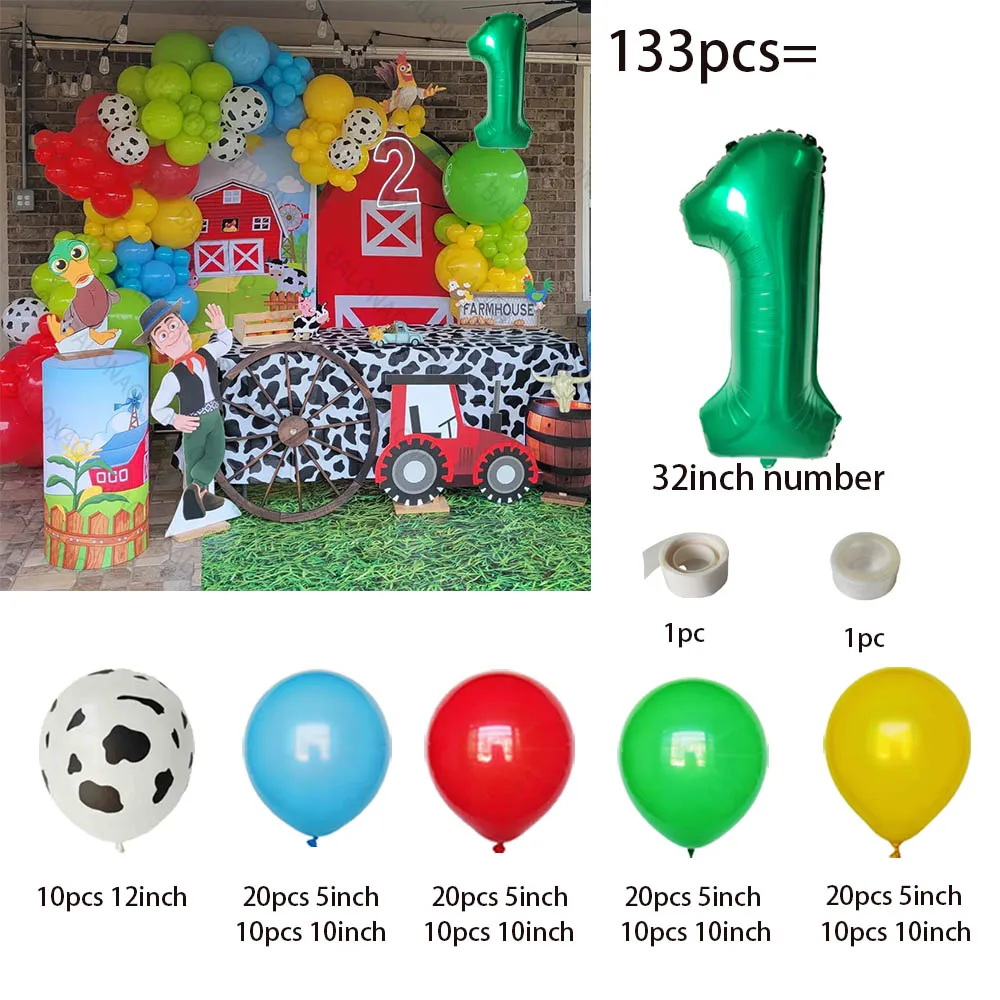 thumbnail image 1 of Kit de arco de guirnalda de globos de látex con estampado de vaca, 132 piezas, color rojo, amarillo y verde, suministros para fiestas de granja, decoración de cumpleaños con animales de granja, 1 of 5