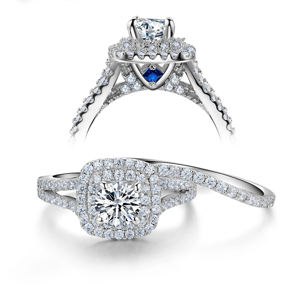 925 Sterling Silver Halo Engagement Wedding Rings Set