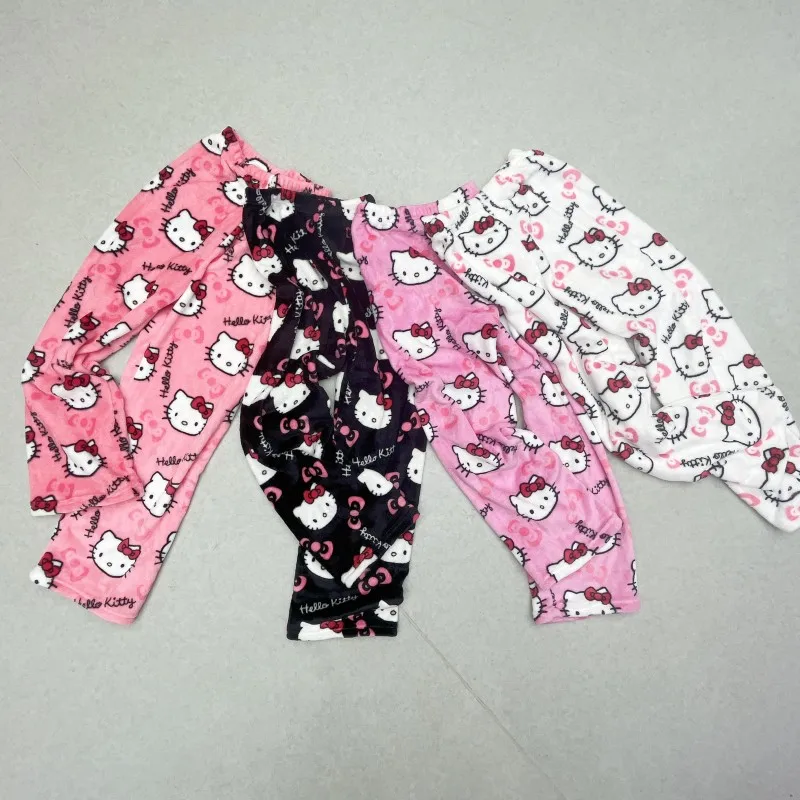 Cute Sanrio Cartoon Pajamas Anime Hello Kitty Pants Multicolour Flannel Women Casual Home Fashion Trousers Girl Clothes Gift hello kitty kulomi bracelet cartoon anime accessories beaded bangle set for women girl arts