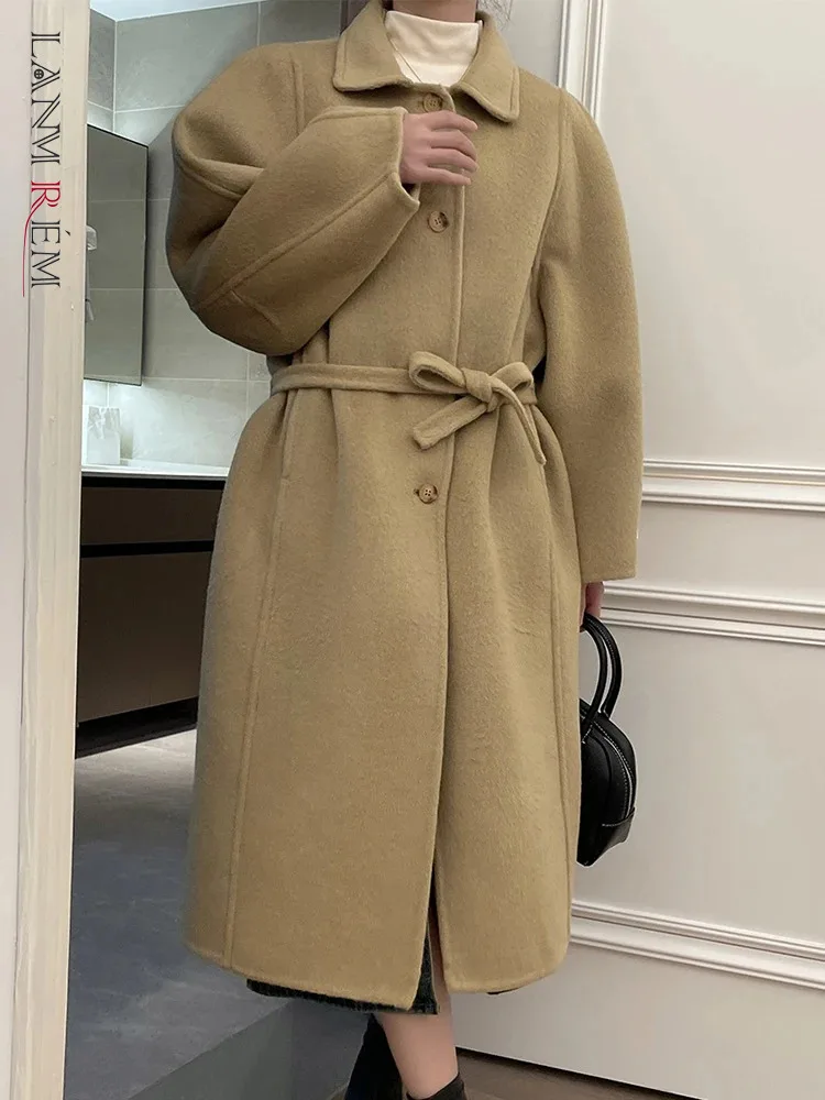 

[LANMREM] High End Lace-up Gathered Waist Wool Coats For Women Lapel Single Breasted Warm Female Outwear 2023 Winter New 26D7375