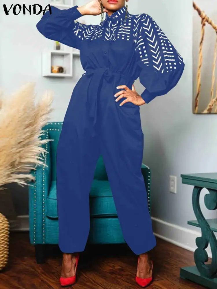 

VONDA Elegant Long Jumpsuits Vintage Printed Women Playsuits 2023 Autumn Long Sleeve Lapel Romper Buttons Casual Dungaree Belted