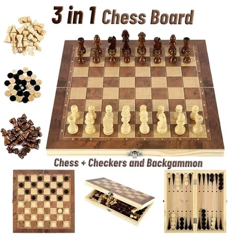 Set 3 in 1 di Scacchi, Dama e Backgammon in Legno, Gioco da Tavolo Pieghevole Portatile per Viaggi, Feste e Serate in Famiglia