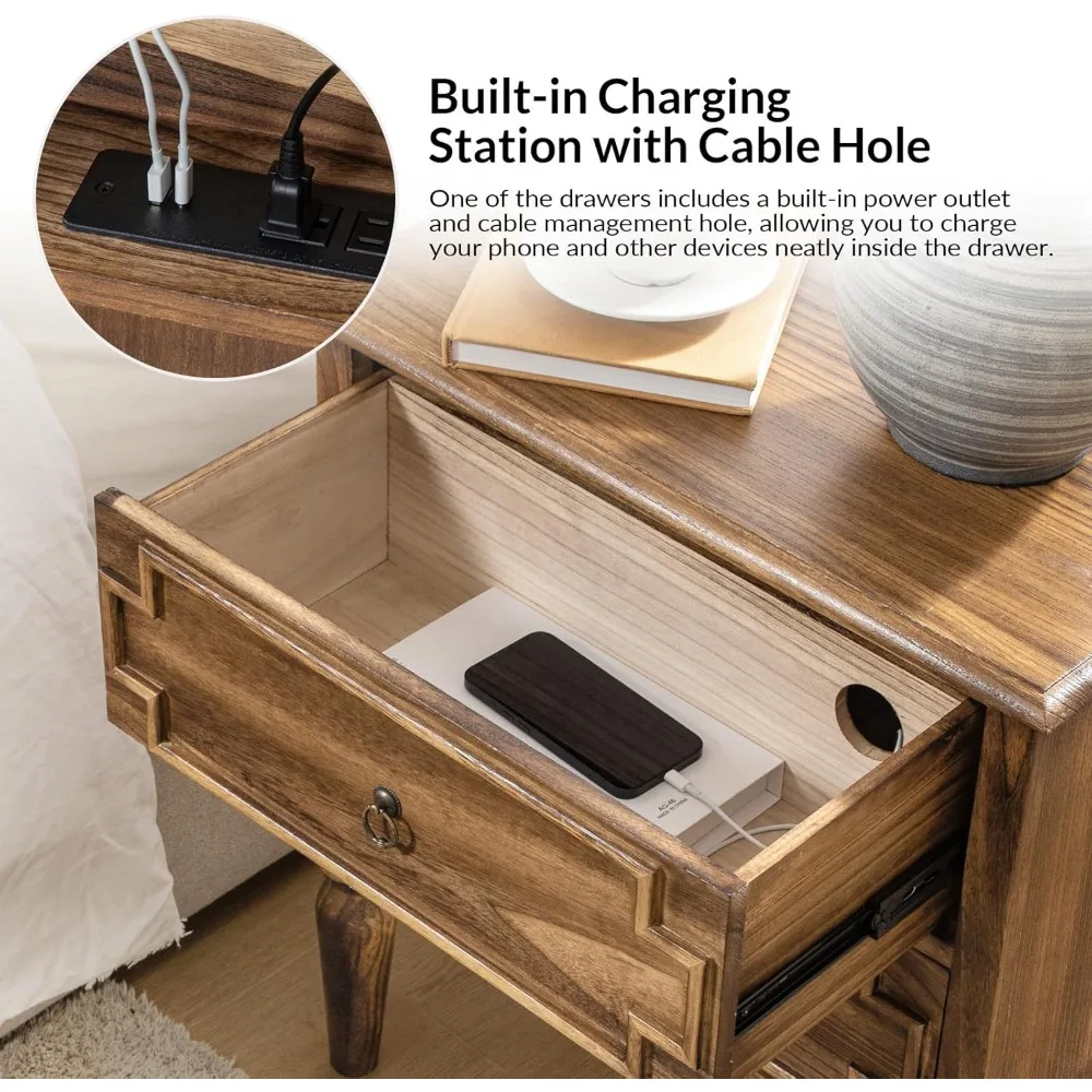 Nightstand with Charging Station, Farmhouse 24” Wide End Table with 2-Drawer & Wooden Legs, Vintage Tall Side Table, Walnut 2