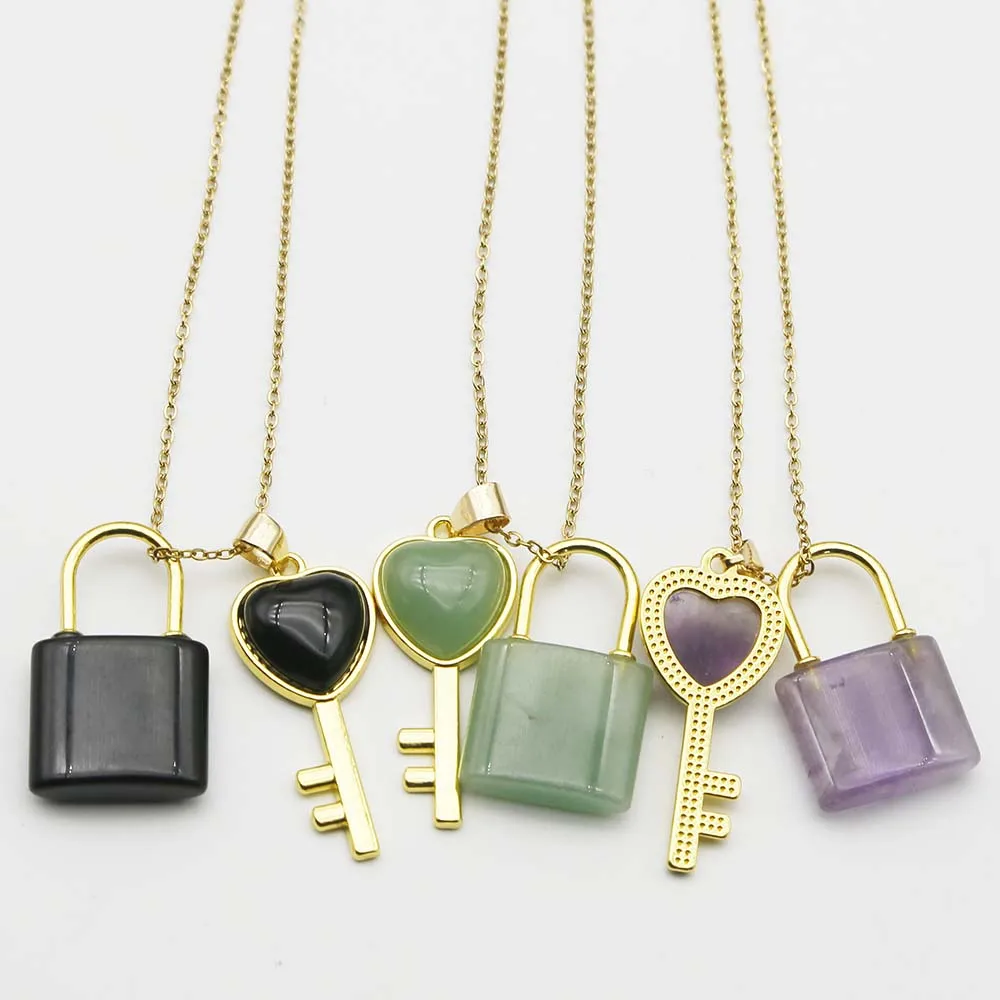 

Natural Stone Crystal Heart Key Lock Set Pendant Golden Stainless Steel Chain Necklace Charms Jewelry Accessories Wholesale 4set