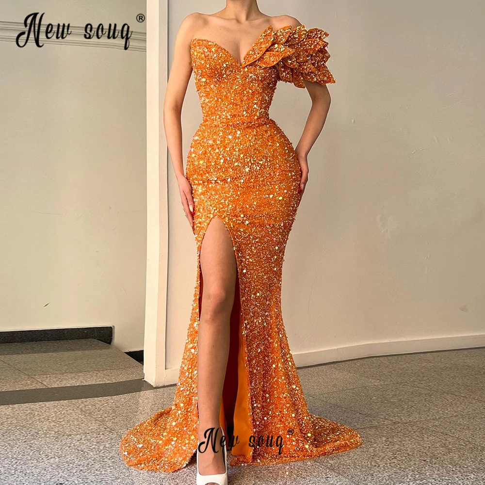 

Glitter Orange Prom Gowns for Black Girl Aso Ebi 2023 Beaded Mermaid Party Night Dress with Slit Side Women Robes De Soirée