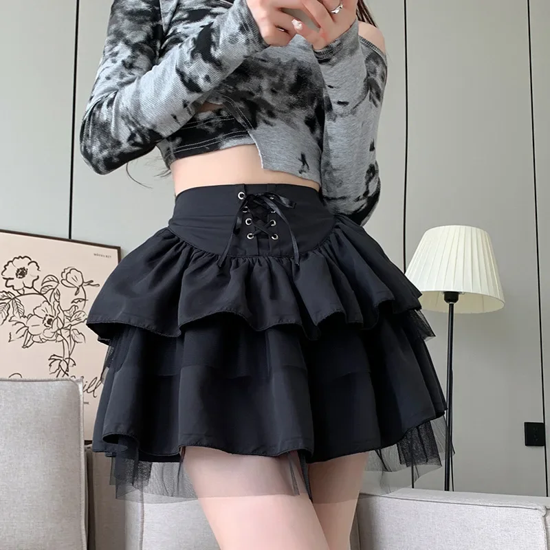 Mesh Skirt for Women Japanese-Style Gothic Black Lace Up High Waisted Mini Skirt Girls Fashion Y2k Pleated Midi Skirt JK