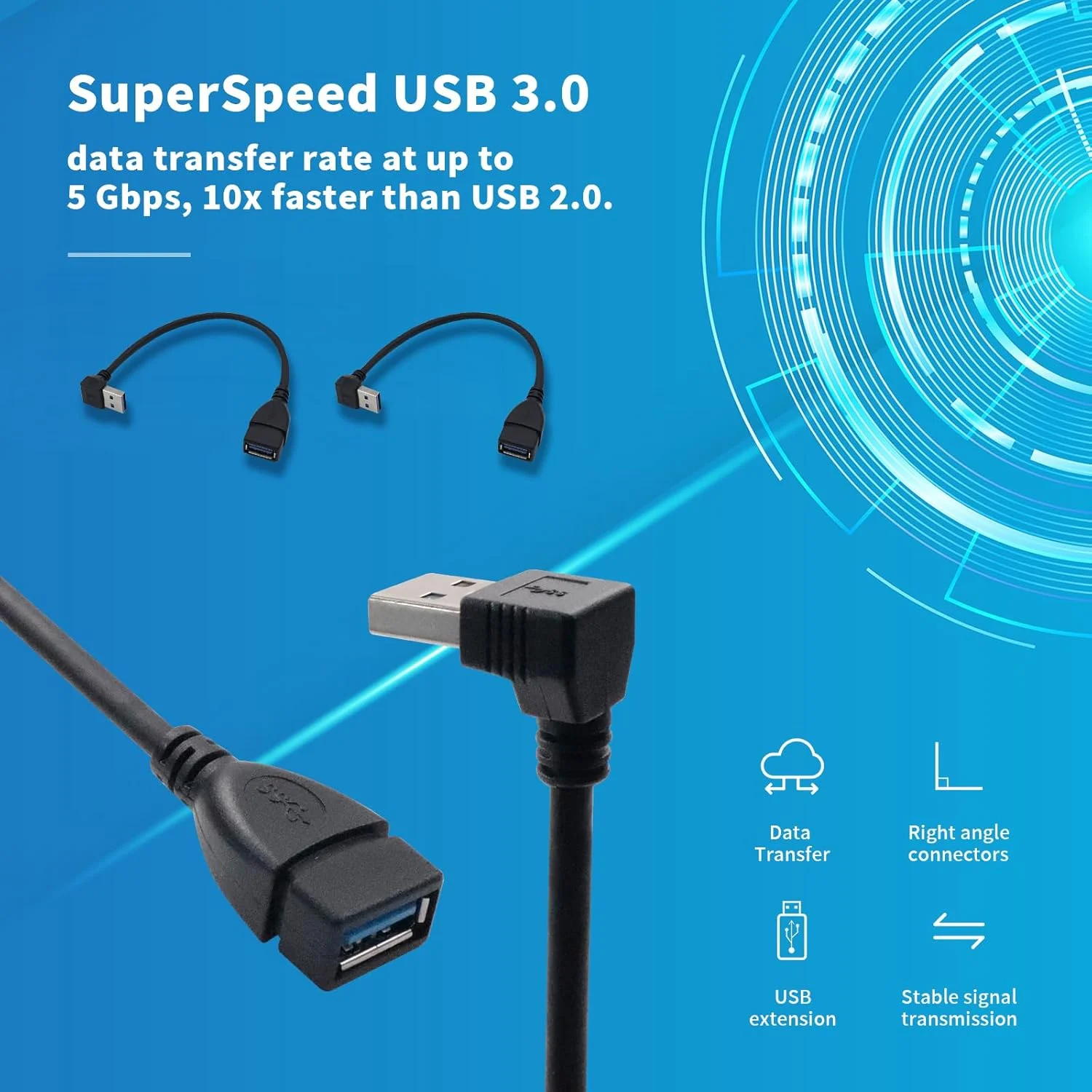 L-Shaped High-Speed USB 3.0 Extension Cable Adapter for Data Transfer & Fast Charging