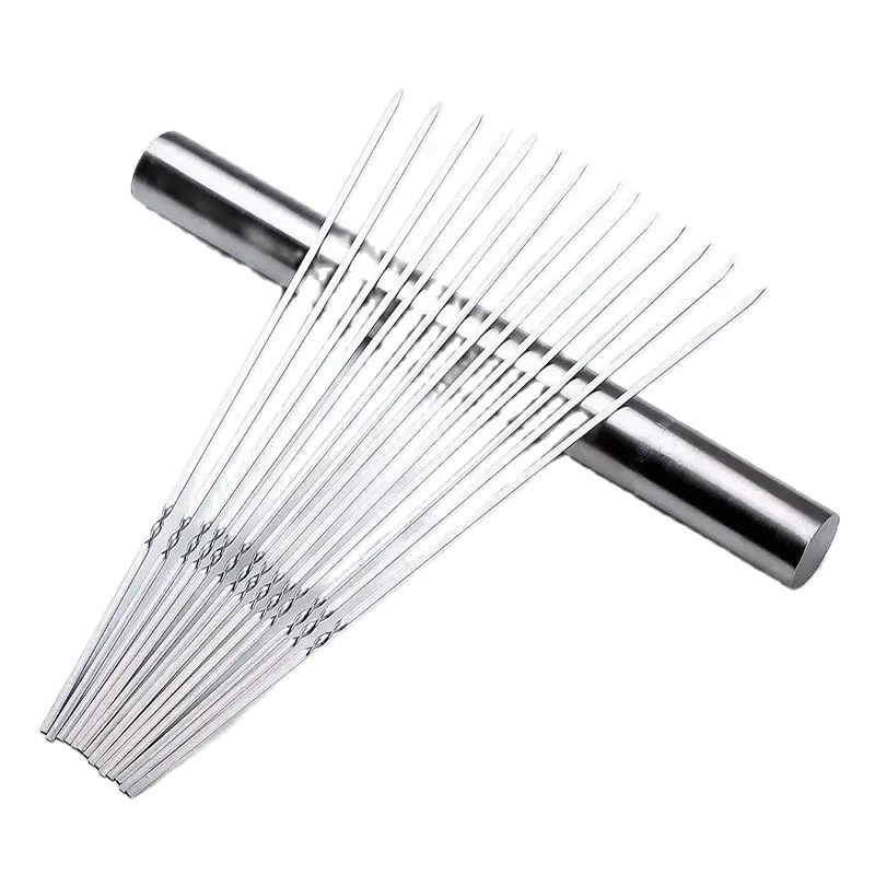 (50PCs) Stainless Steel Round Flat Barbecue Skewers BBQ Needle Grill BBQ Sticks with Tube