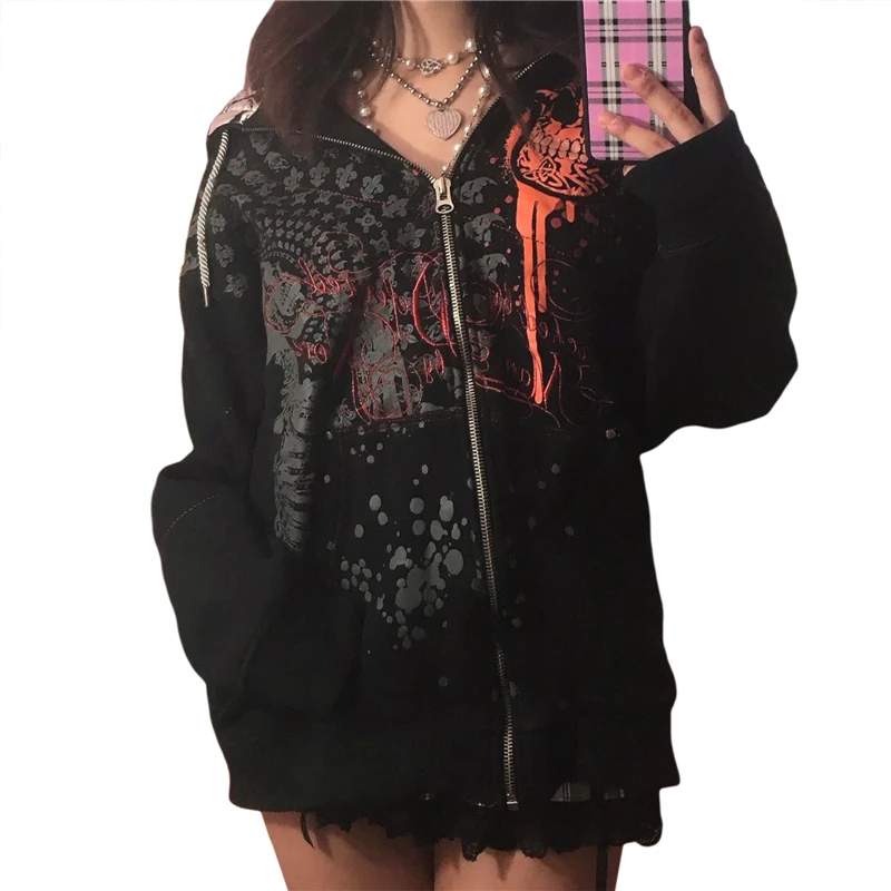 Women's Gothic Skull Print Long Sleeve Hoodie - true deals club