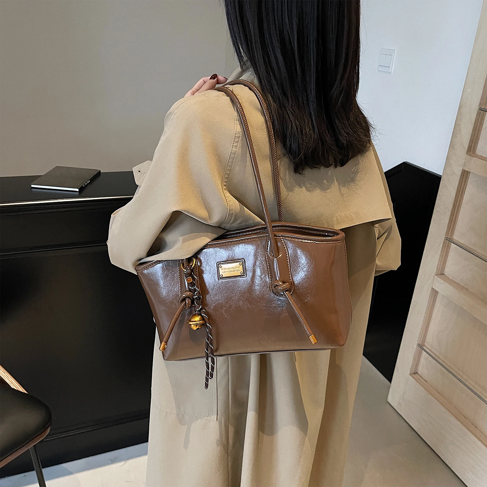 PU Leather Shoulder Bag Versatile Underarm Bag with Pendant Commuter Bag for Women Work Shopping Travel