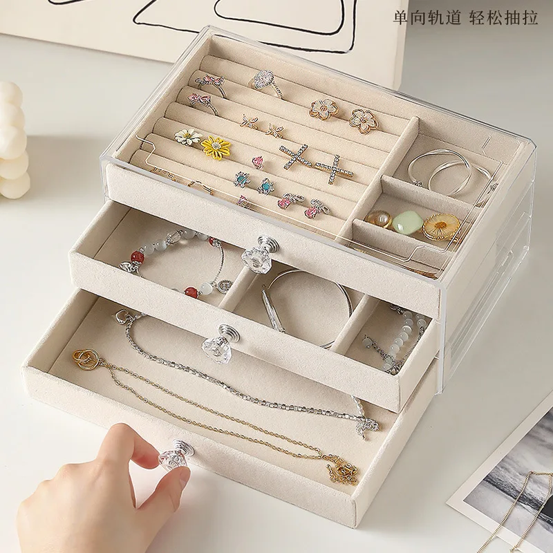 Jewelry Organizer Acrylic Velvet Jewelry Organizer 3 Drawers Stackable Display Storage Earrings Necklace Bracelets Box Holder Case Women
