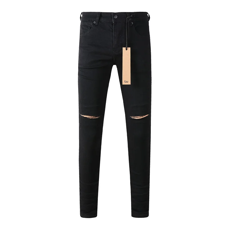 Men's Pure Black Skinny Original Quality Button Fly Ripped Hole Jeans