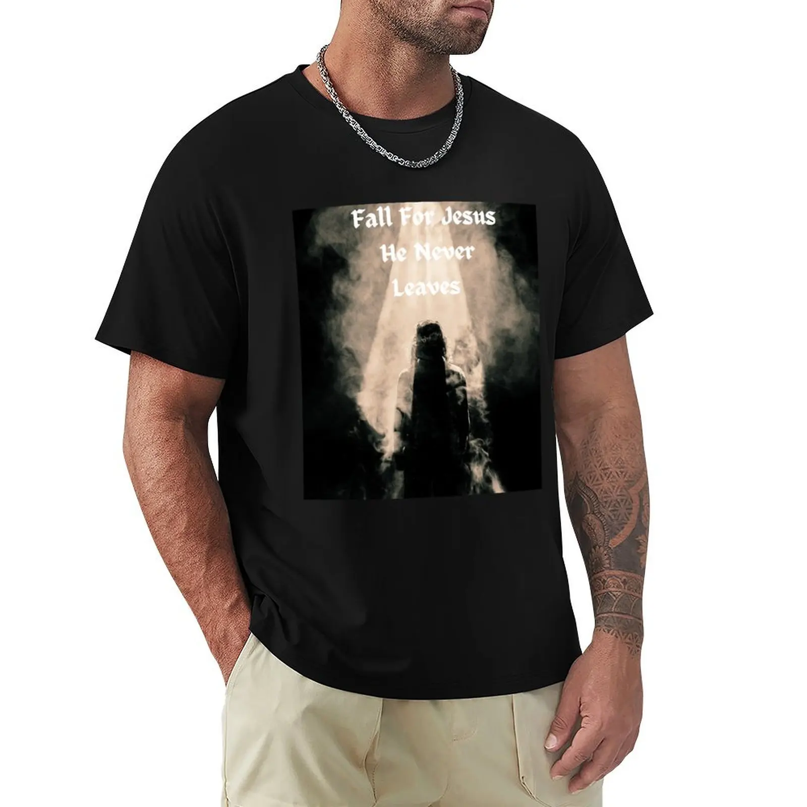 

Fall For Jesus He Never Leaves T-Shirt blacks cute tops summer tops vintage mens t shirts casual stylish