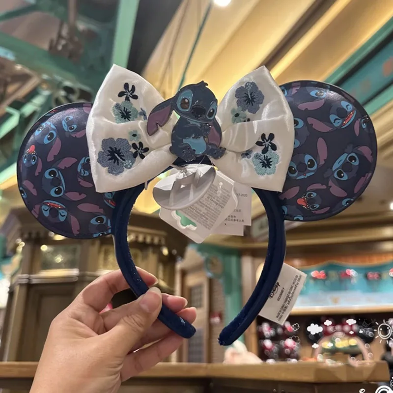 Disney Lilo& Stitch Headband Cartoon Embroidered Bow Stitch Metal Badge Shanghai Disneyland PU Leather Mickey Ear Headwear