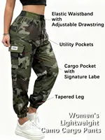 Women’s Lightweight Quick-Dry Camo Cargo Pants - Tapered Leg Elastic Drawstring Waistband Breathable Tactical Pants