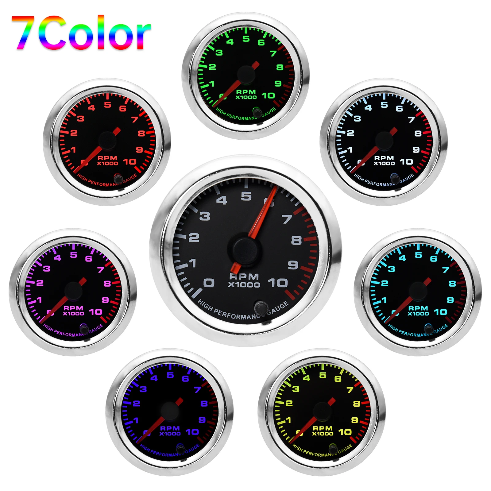

Car Tachometer for 4 6 8 Cycliner Gasoline Racing 7 Color LED Auto 0~10000 RPM Meter 52mm Pointer RPM Meter