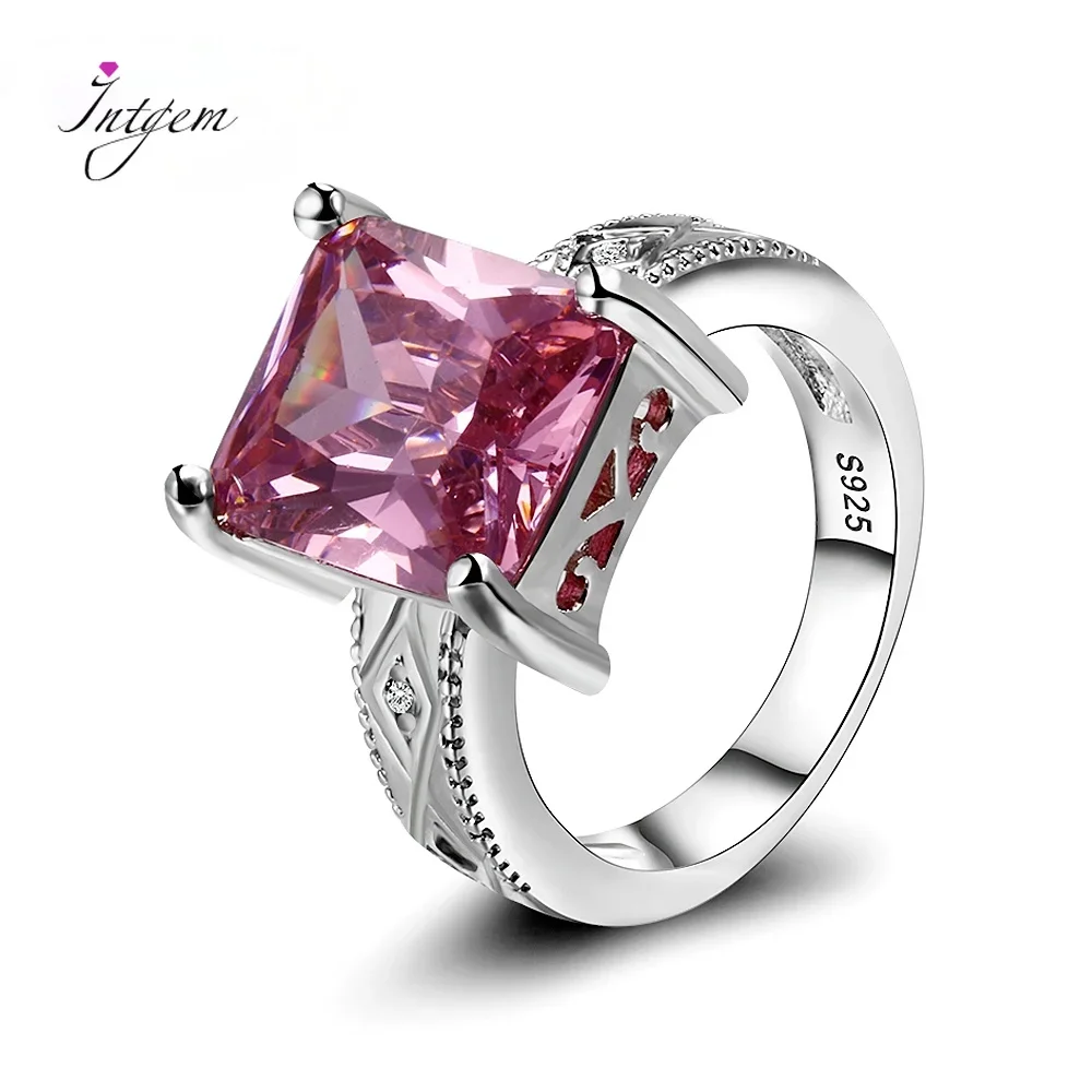 925 Silver Jewelry Cubic Zirconia Rectangle Pink Cushion Stone Rings Geometric Ring For Women Bridesmaid Wedding Party Gift silver rings silver ring wedding rings