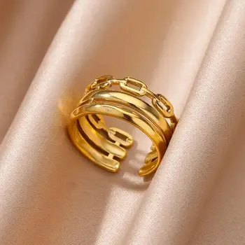 Vintage Geometric Multi-layer Rings For Women Gold Color Stainless Steel Adjustable Ring Aesthetic Wedding Jewelry Gift BFF
