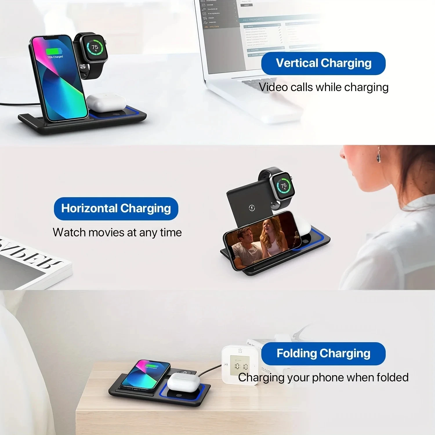 30W 3 in 1 Foldable Wireless Charging Station for iPhone 16 15 14 13 12 11 Apple Watch 9 8 7 6 5 Airpods Pro/3