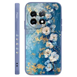 Gold Leaf Flower Liquid Silicone Phone Case for OnePlus 9 Pro (Light Blue)