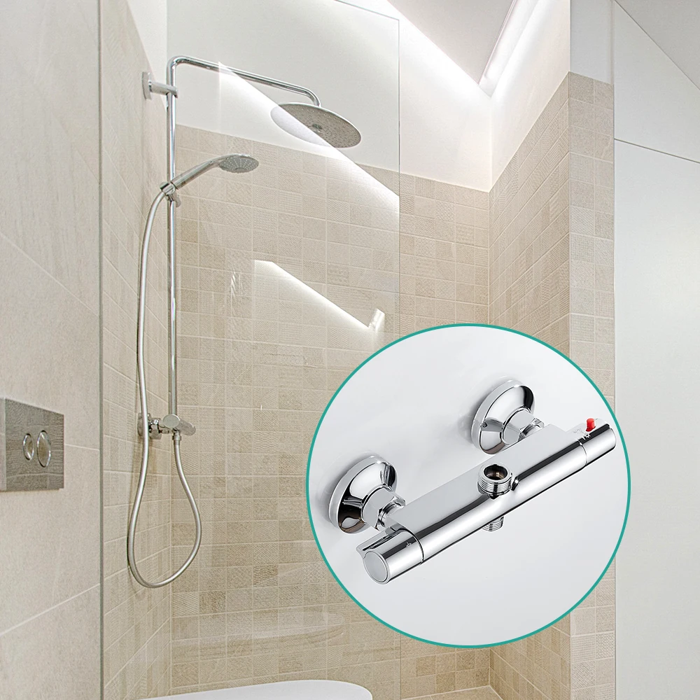 Bath Shower Faucet Thermostatic Wall Mounted Mixer Valve Tap Temperature Control Rain Shower Chrome Twin Outlet