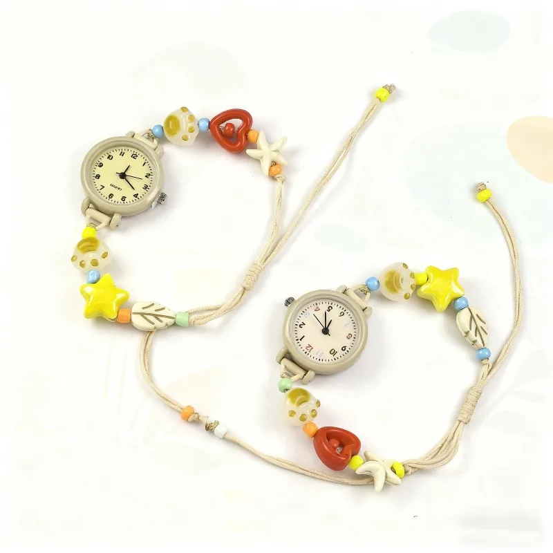 Cute Woven Red Apple Bracelet Watch for Girls Women Adjustable Star Heart Apple Beaded Pendant Quartz Watch Kids Gift