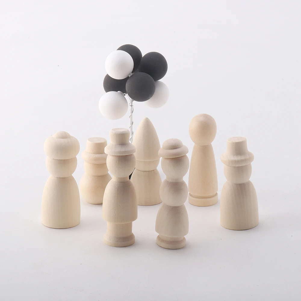 7pcs 자연 색상 미완성 된 나무 말뚝 인형 Diy 수제 재료 멀티 모양의 예술 페인트 홈 파티 장식 액세서리