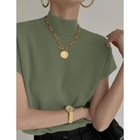 Mode col montant mince femmes tricoté gilet ample solide élégant hauts droits à manches courtes bureau dame t-shirt chemise ample 4