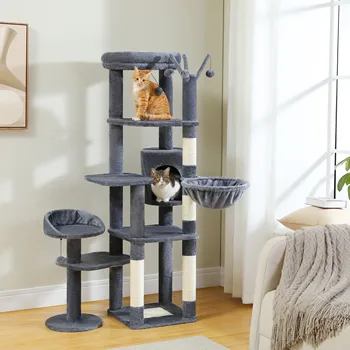 Multi-Level Cat Tree with Scratching Post Hammock Large Perches Hanging Balls Tall Cat Tower for Indoor Spacious Cat Condo House 3