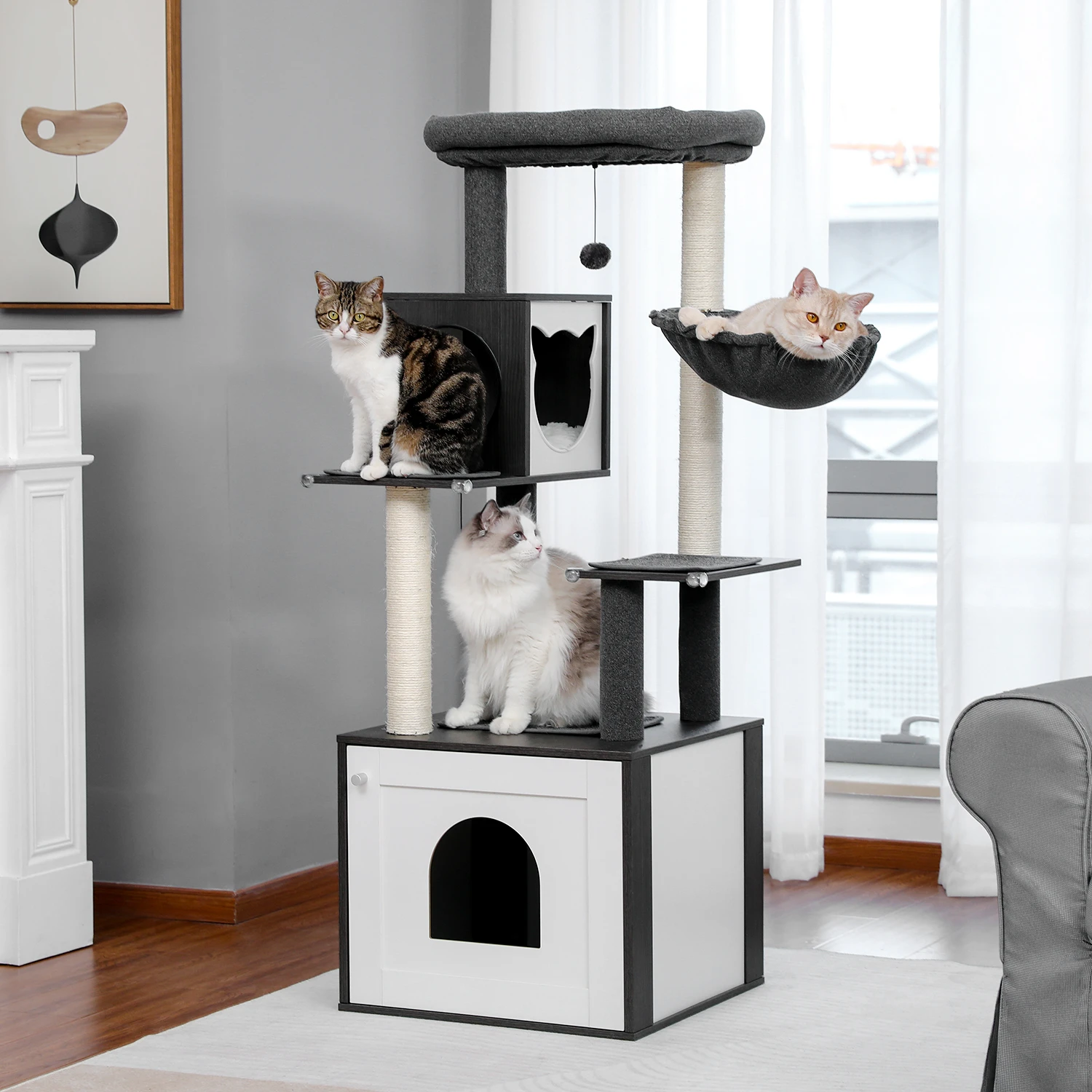 Modern Cat Tree Wood Cat Tower With Storage Litter Box